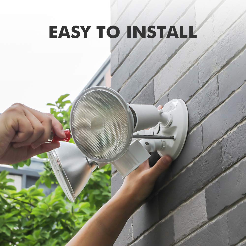 LUTEC floodlight package, front-facing installation, covers patios and gardens with two-unit setup.