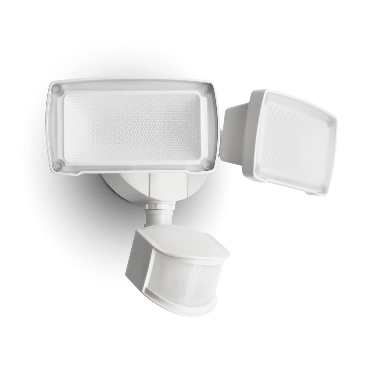 LUTEC 38W dual-head floodlight on porch provides secure nighttime illumination.
