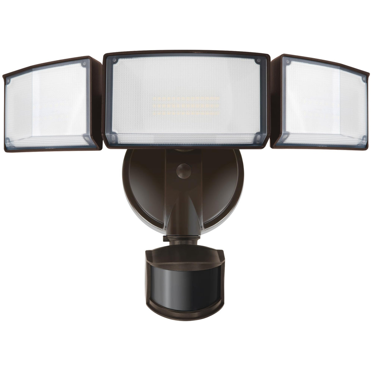 LUTEC 72W LED security light front view with three adjustable heads for yard security.