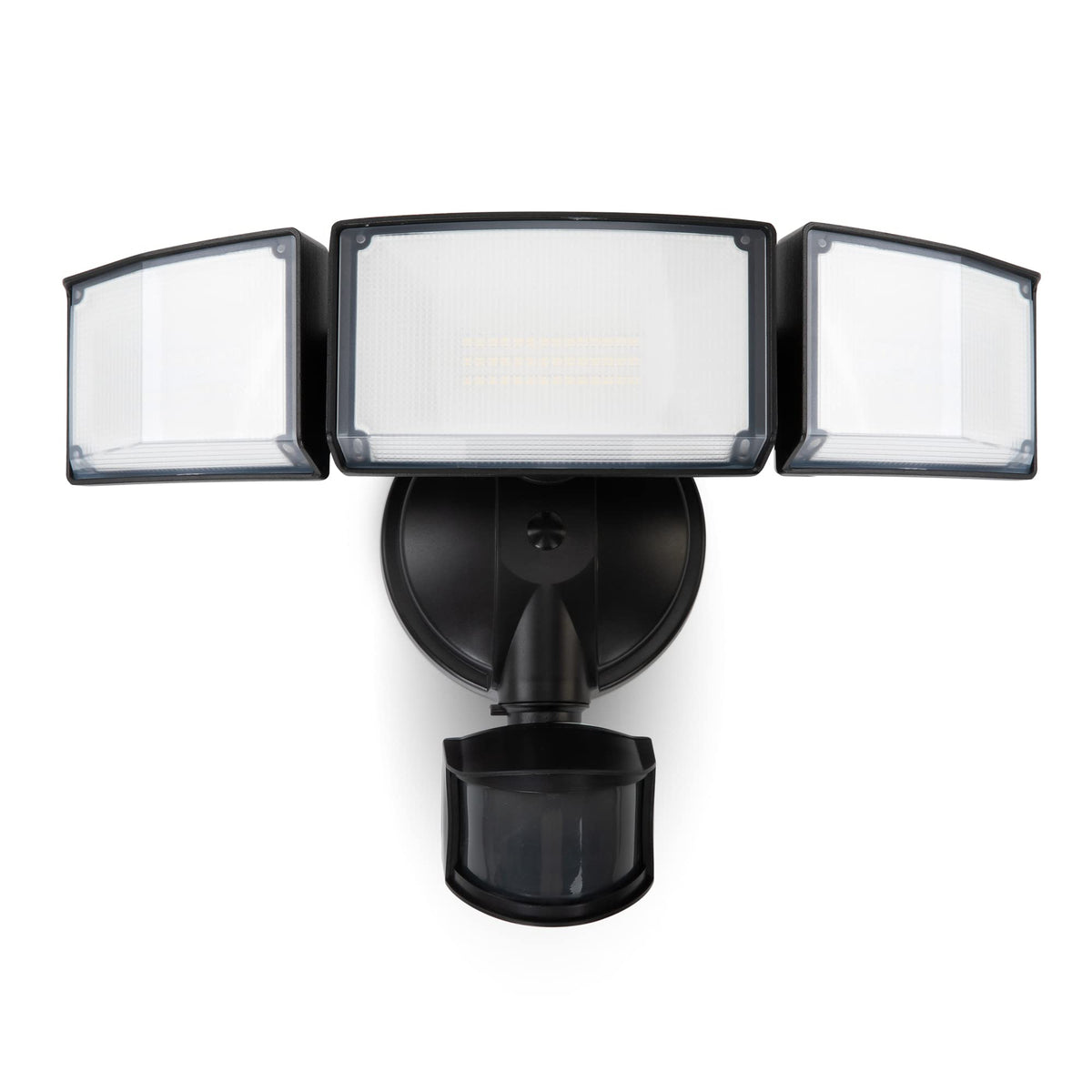 LUTEC 72W outdoor security light front view with three adjustable heads for porch illumination.