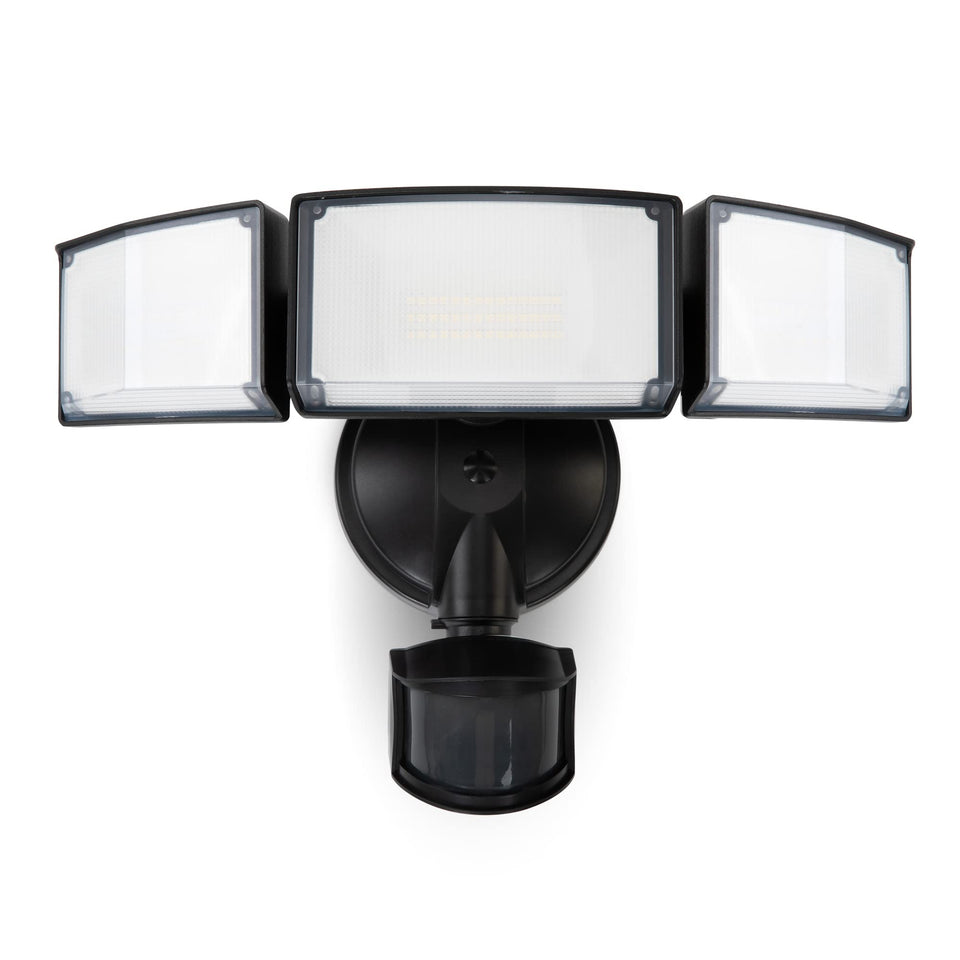LUTEC 72W outdoor security light front view with three adjustable heads for porch illumination.