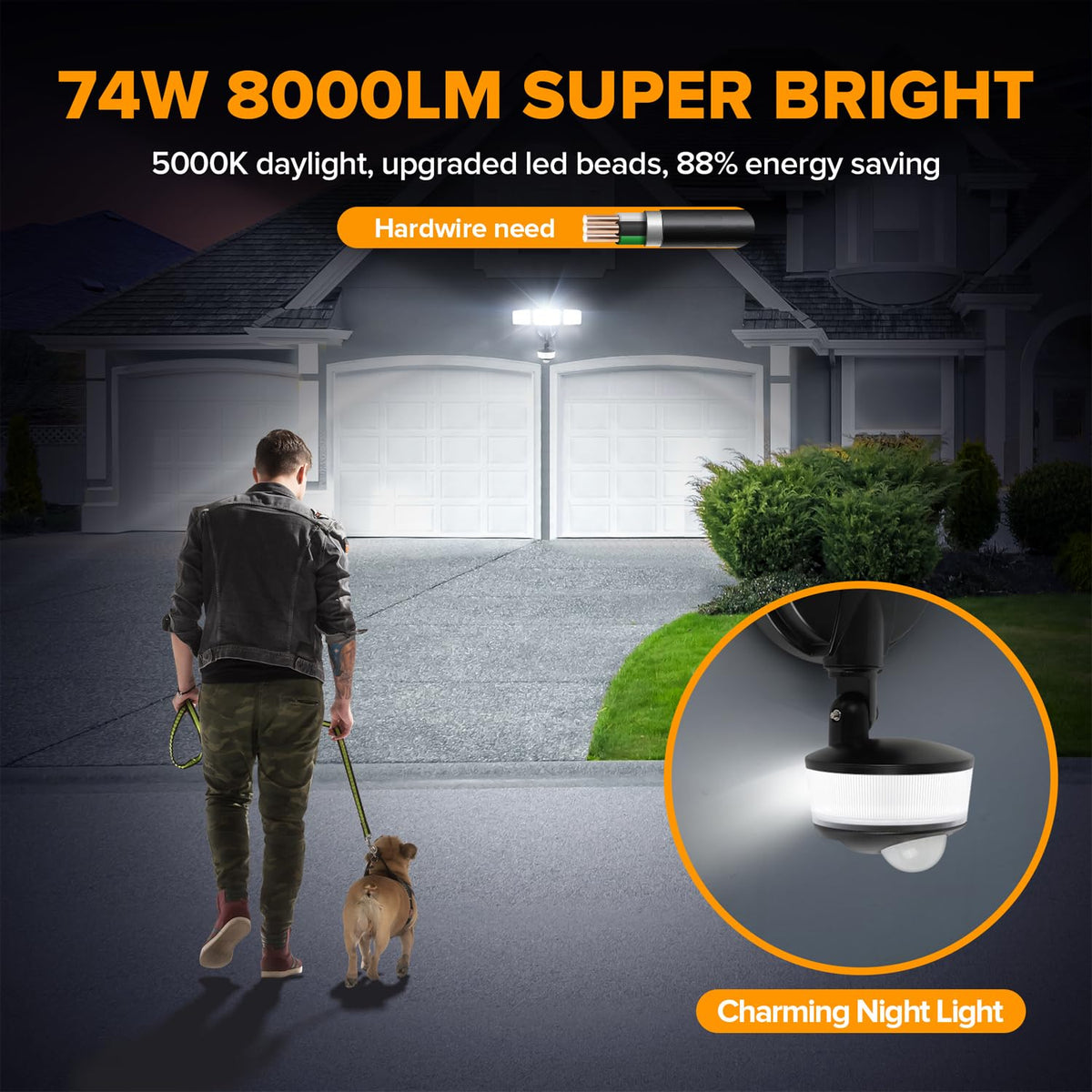 LUTEC 8000-lumen security light brightening entryways and driveways.
