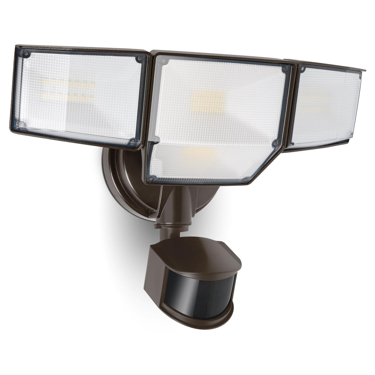 LUTEC 80W 9000LM four-head LED security light illuminates large outdoor areas.