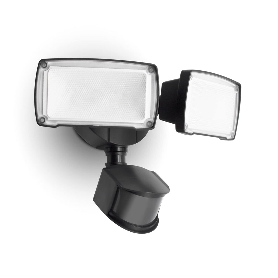 LUTEC dual-head floodlight front view with 38W efficiency for porch safety.