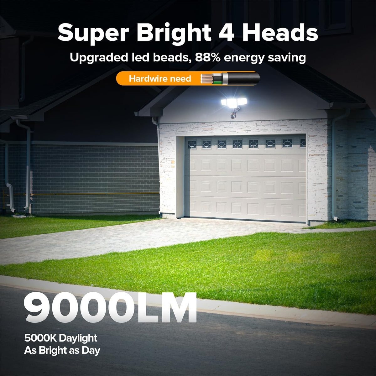 LUTEC outdoor flood light demonstrates four adjustable heads for flexible angles.