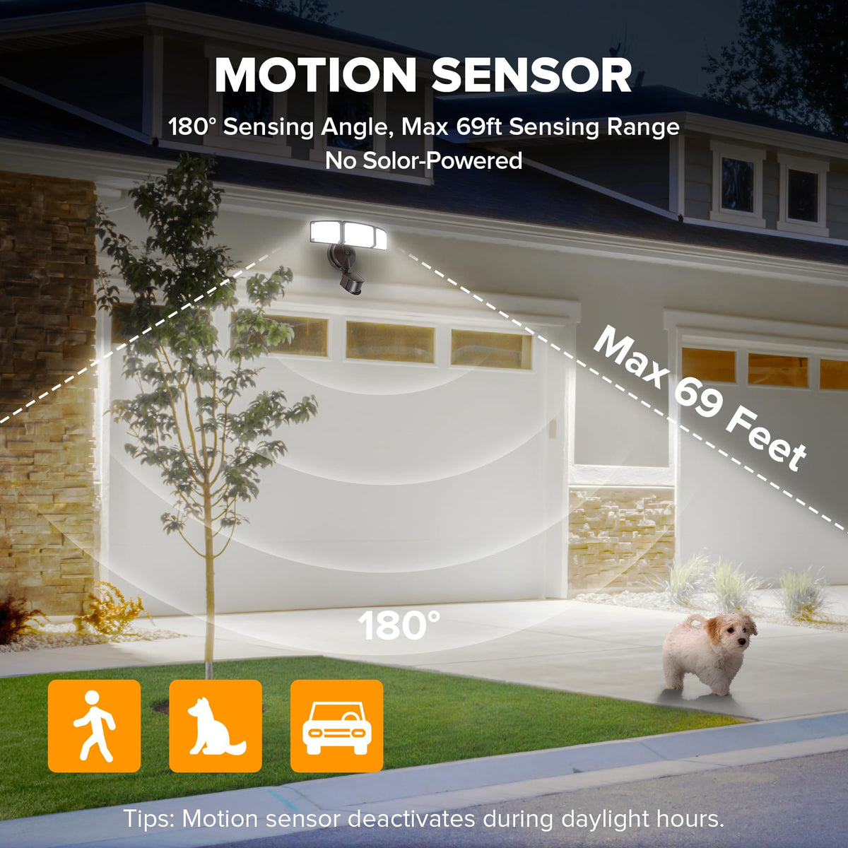 LUTEC light in dusk to dawn mode illuminating entryways automatically.