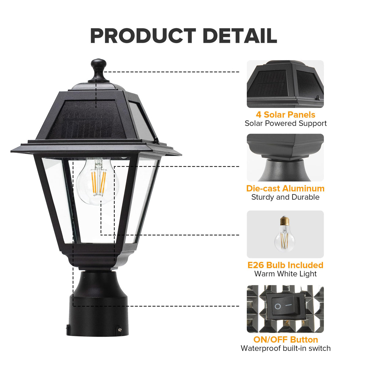 LUTEC post light clear glass detail and warm 2700K glow enhance outdoor ambience.