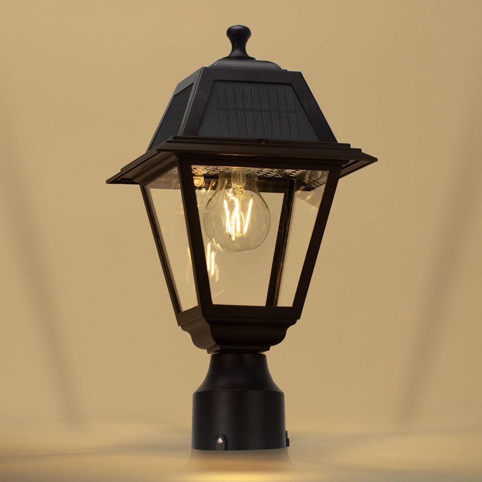 LUTEC LED solar post light on a garden pole for safe nighttime guidance.