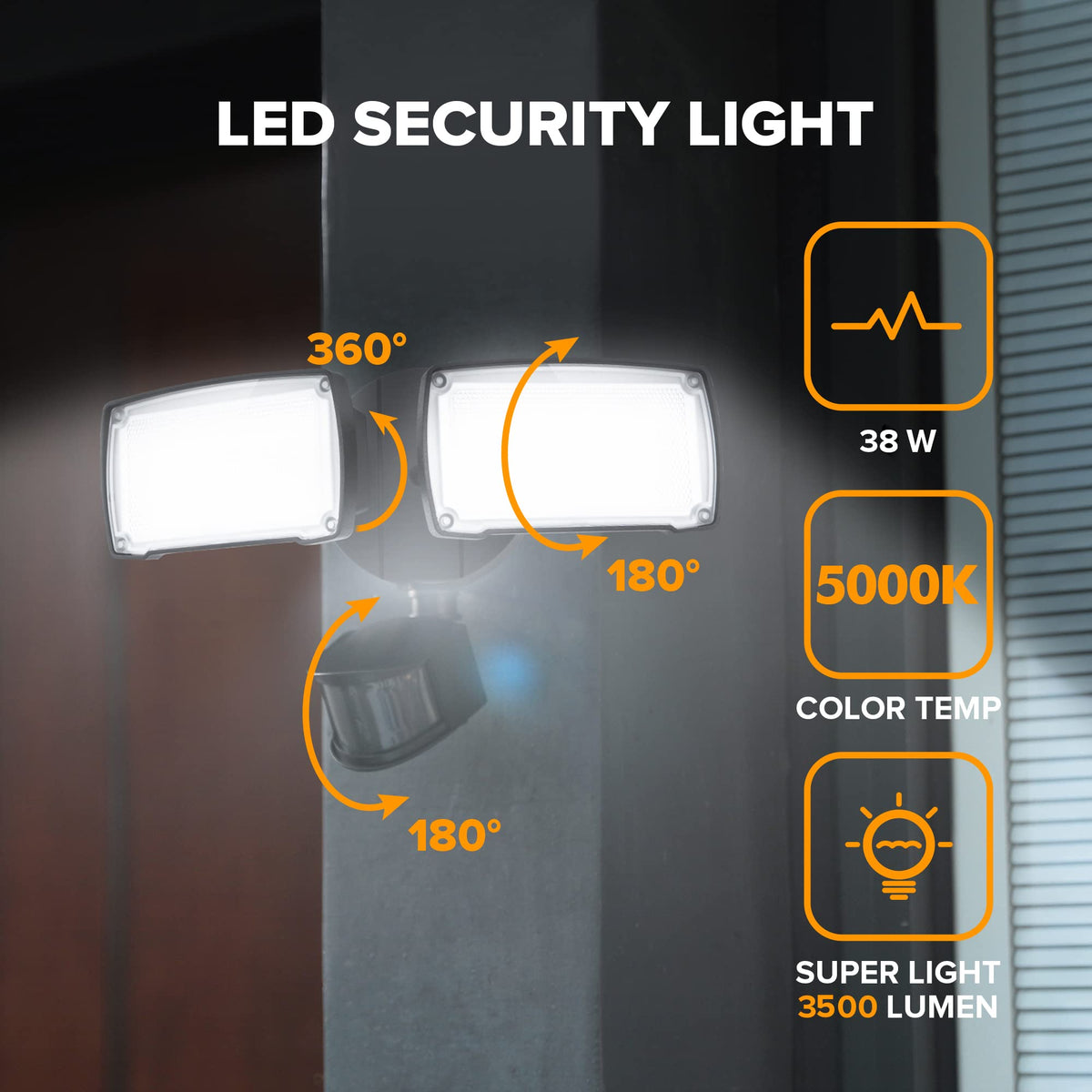 LUTEC motion-sensor 180deg coverage demonstrates wide-area security lighting.