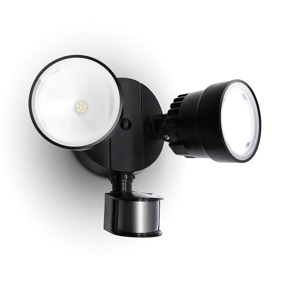 LUTEC Shrimp P6221B-PIR24 front view dual-head floodlight enhances outdoor security.