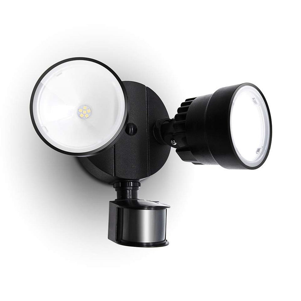 LUTEC Shrimp P6221B-PIR24 front view dual-head floodlight enhances outdoor security.