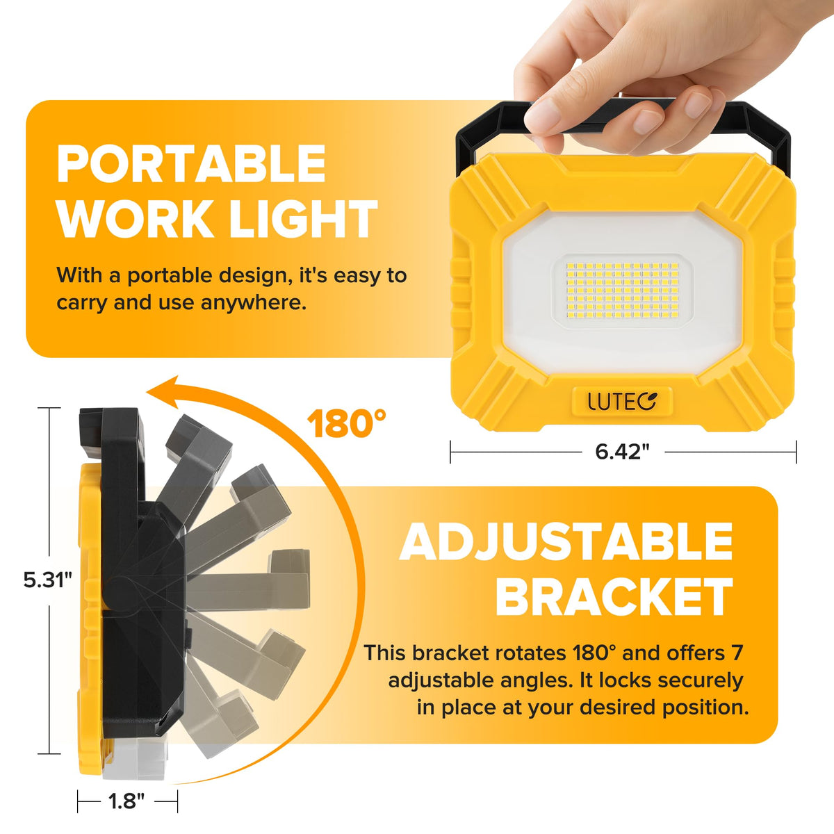 LUTEC work light with magnetic base on metal surface for hands-free use.