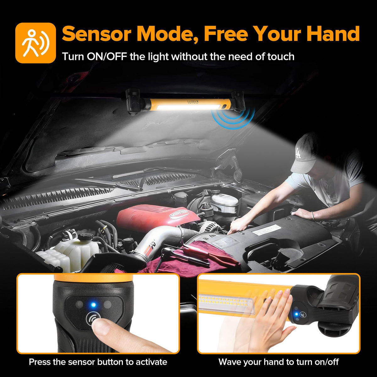LUTEC work light with magnetic ends for hands-free positioning on metal surfaces