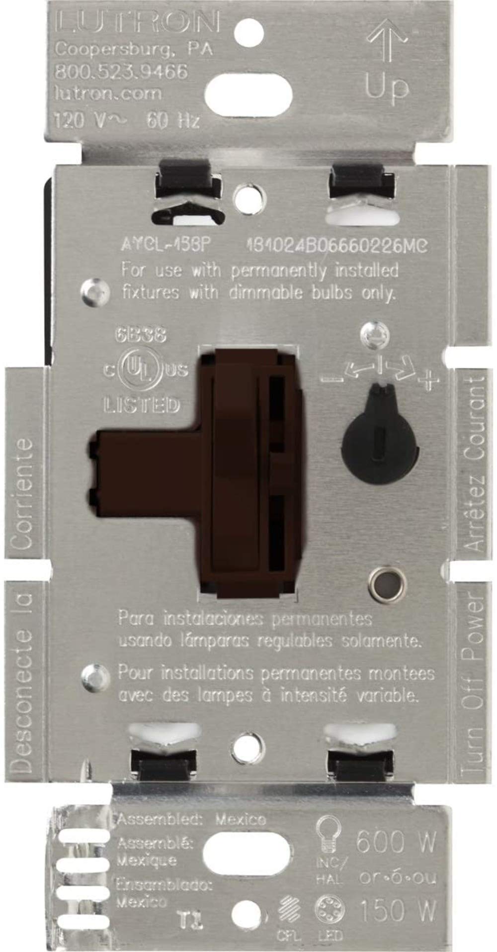 Lutron Ariadni LED+ dimmer switch in brown with a smooth on/off toggle.