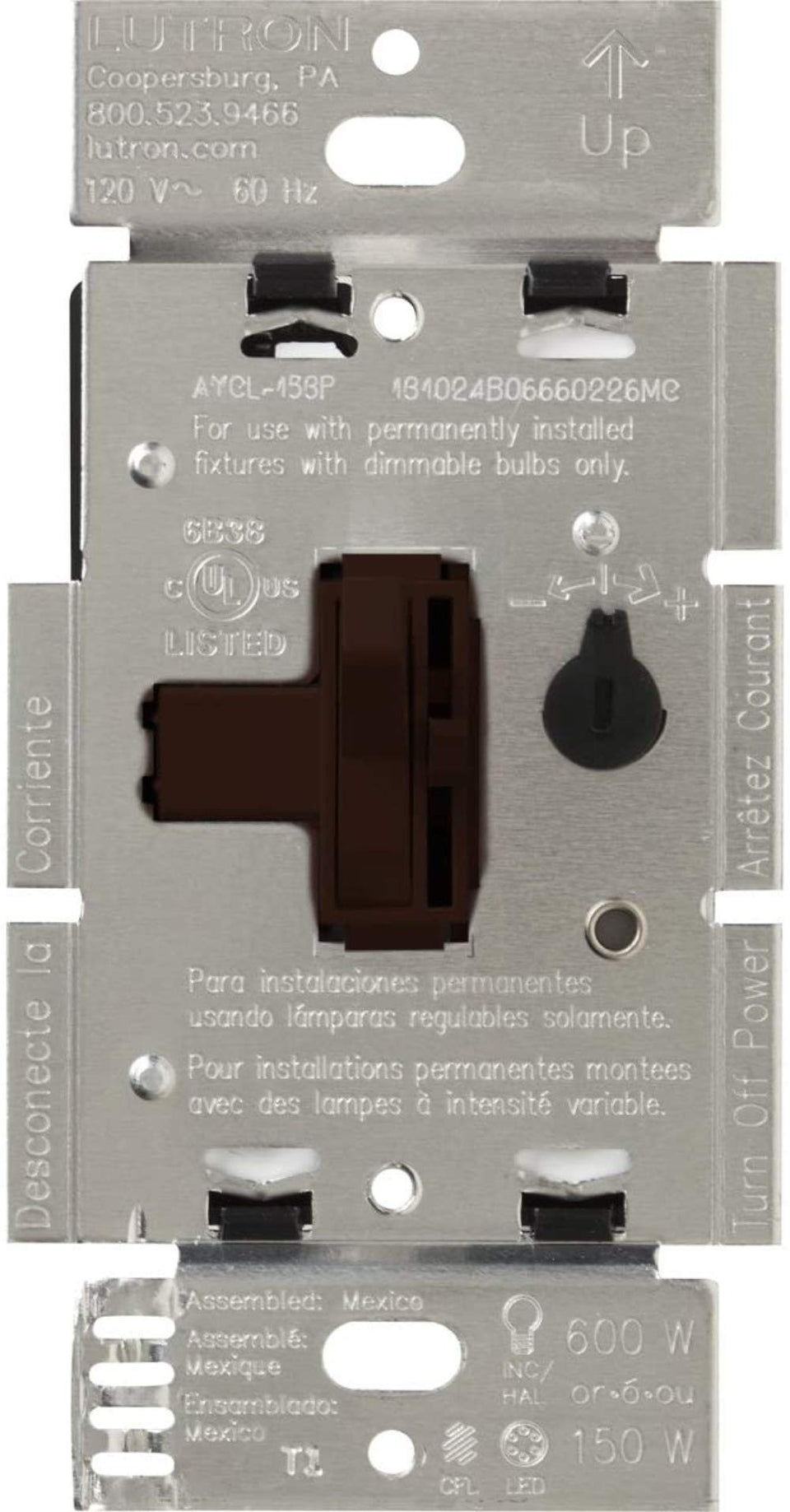 Lutron Ariadni LED+ dimmer switch in brown with a smooth on/off toggle.