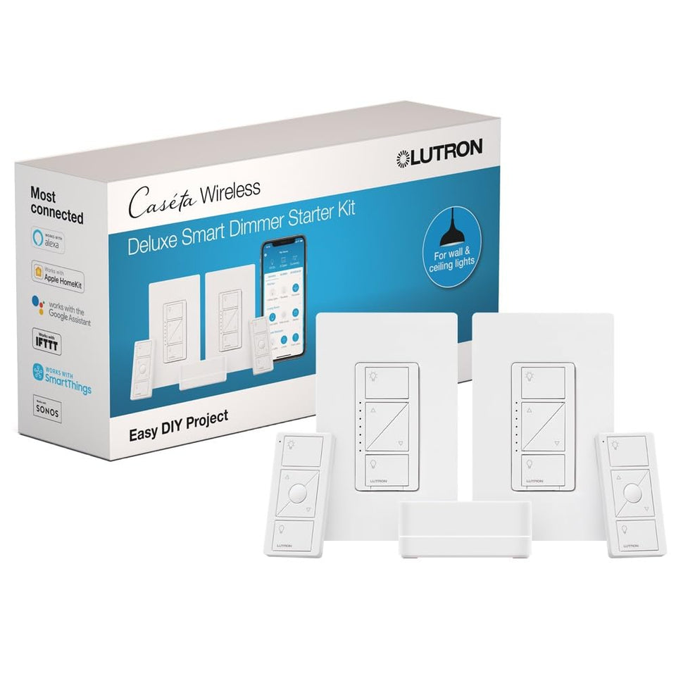 Lutron Caseta Deluxe Dimmer Kit components ready for quick setup and flexible room lighting.