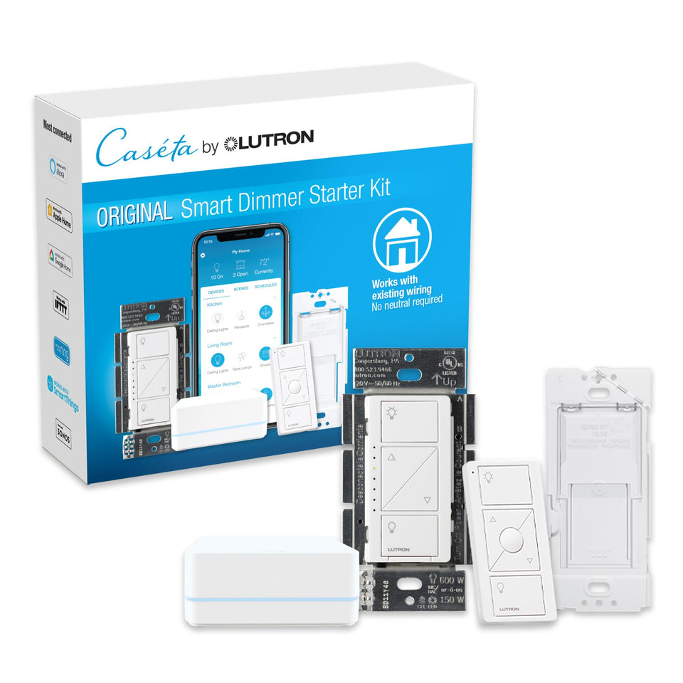 Lutron Caseta hub with Pico remote enabling seamless wireless lighting control.