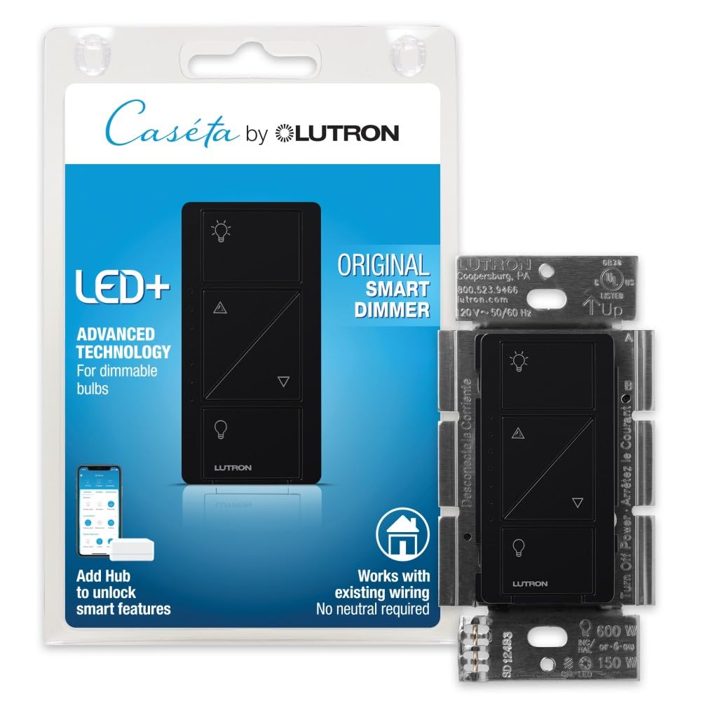 Lutron Caseta original dimmer wall switch on wall offers sleek lighting control.