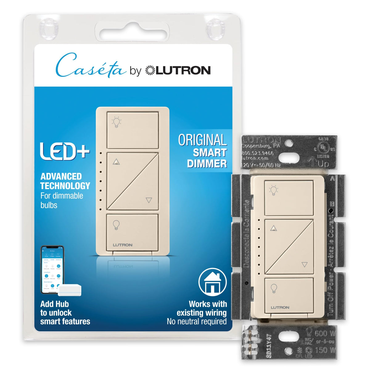 Lutron Caseta original smart dimmer front view with seamless LED dimming control for living rooms.