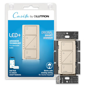 Lutron Caseta original smart dimmer front view with seamless LED dimming control for living rooms.
