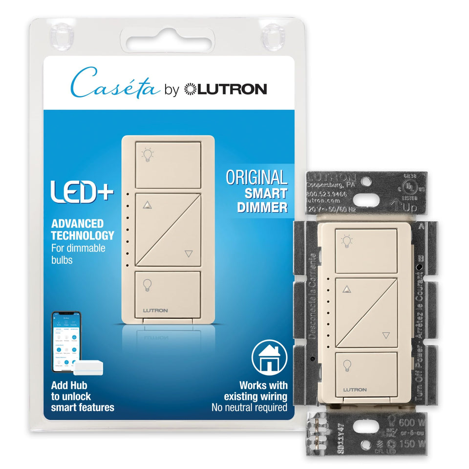 Lutron Caseta original smart dimmer front view with seamless LED dimming control for living rooms.