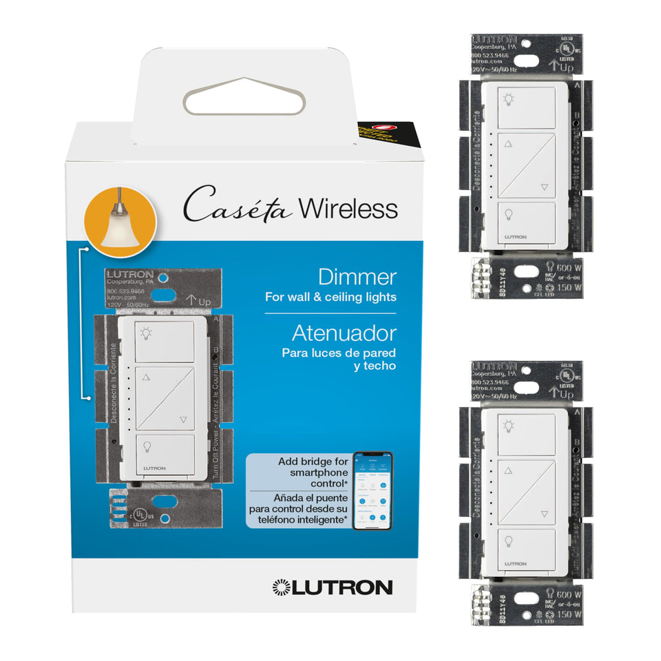 Lutron Caseta Original Smart Dimmer Switch front view with smooth LED dimming.
