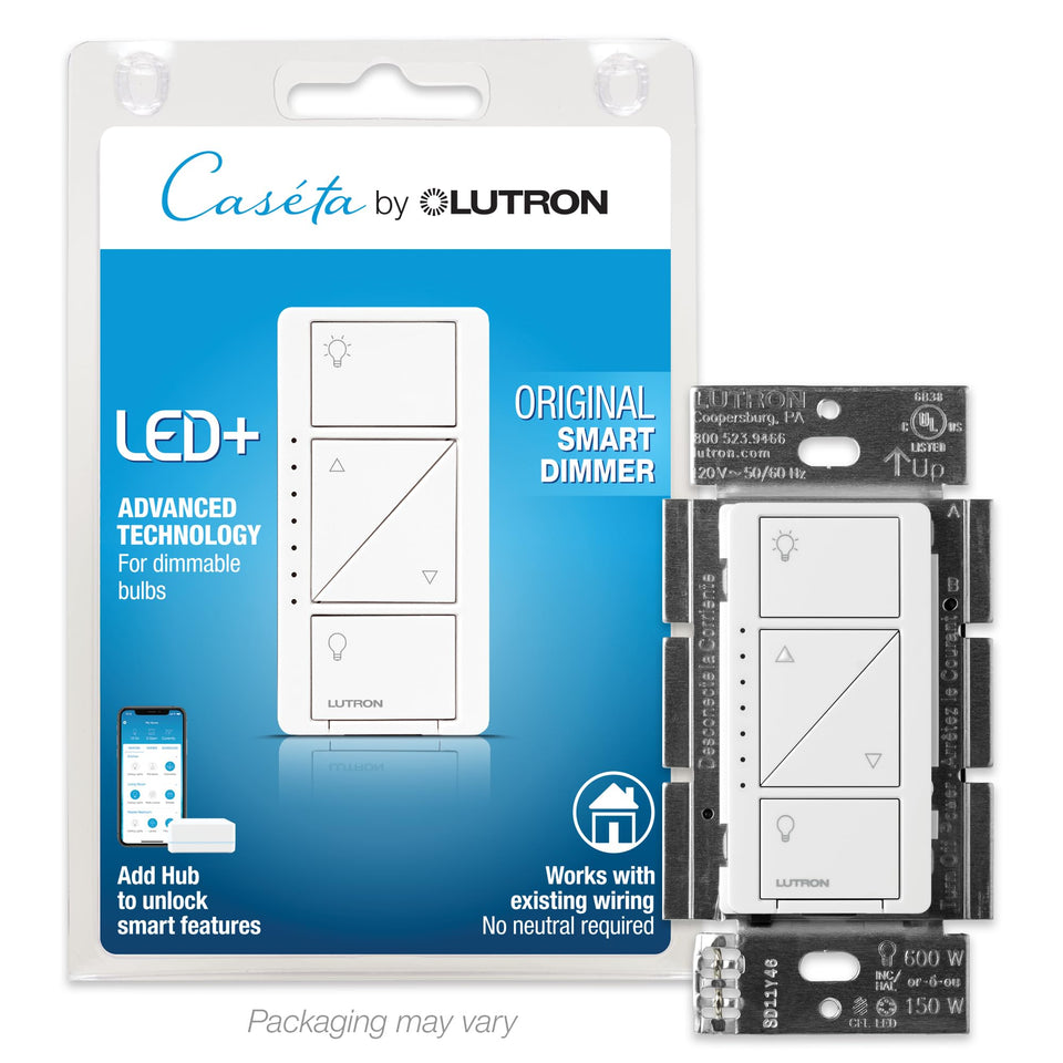 Lutron Caseta Original smart dimmer switch angled view for seamless smart lighting control.
