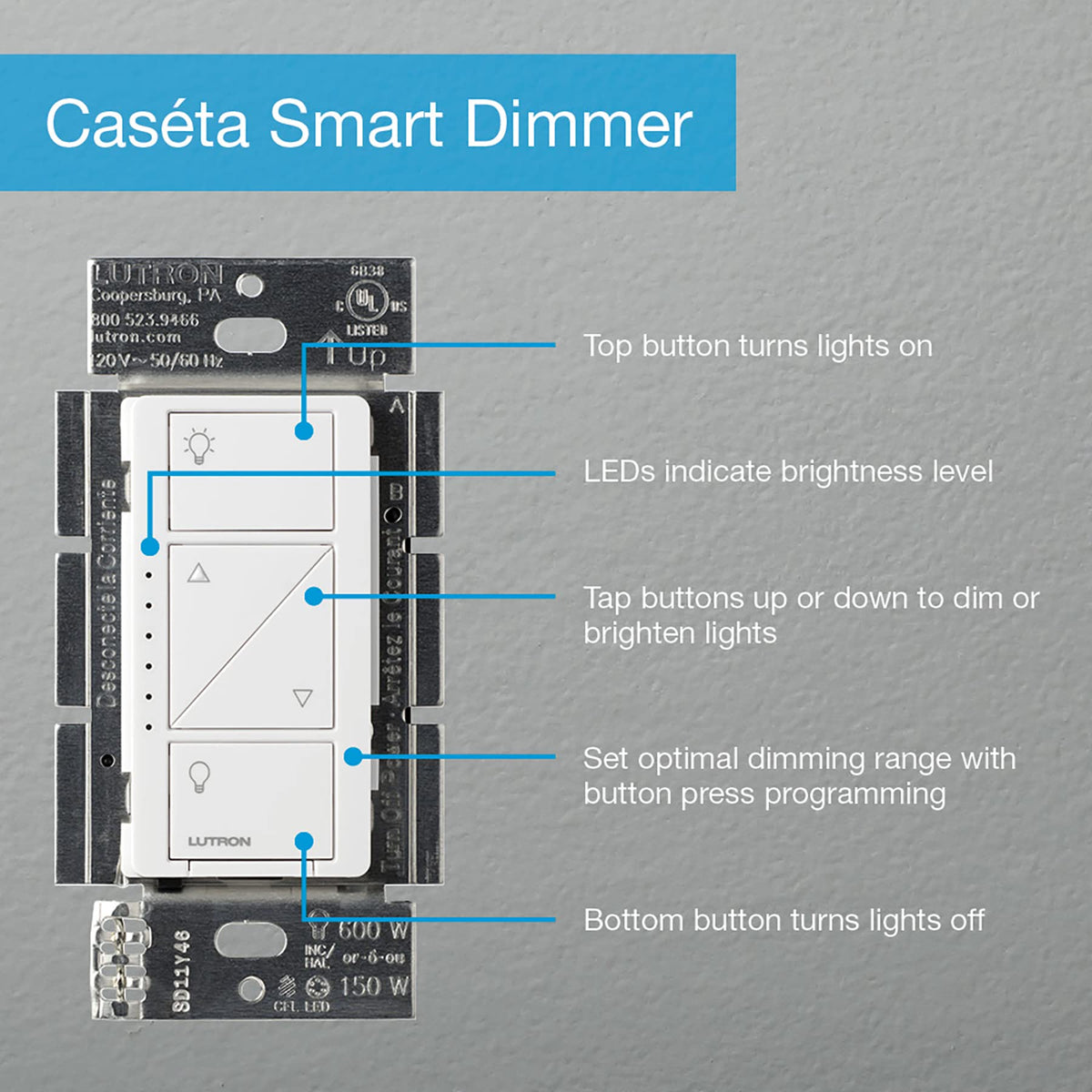 Lutron Caseta dimmer with wall plate blends with decor in a clean upgrade.