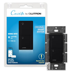 Lutron Caseta original smart switch front view in black finish for a modern look