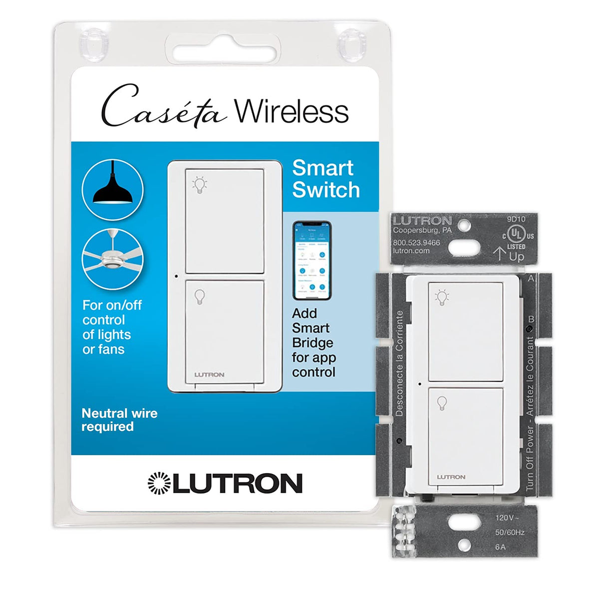 Lutron Caseta original smart switch on a white wall for quick control