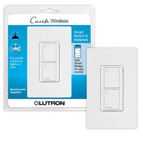 Lutron Caseta wallplate front view in white, clean design for modern lighting control.
