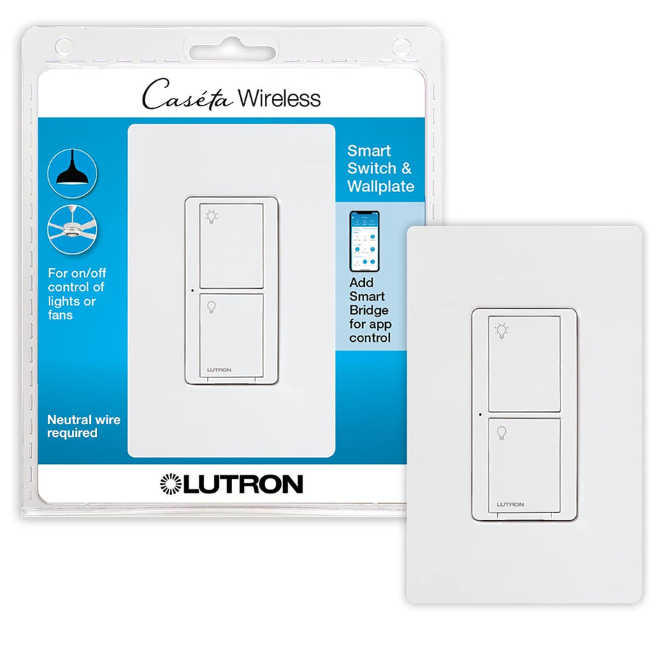 Lutron Caseta wallplate front view in white, clean design for modern lighting control.