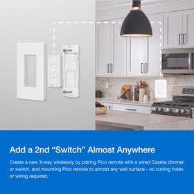 Lutron Caseta Pico remote 3-button in use for wireless control