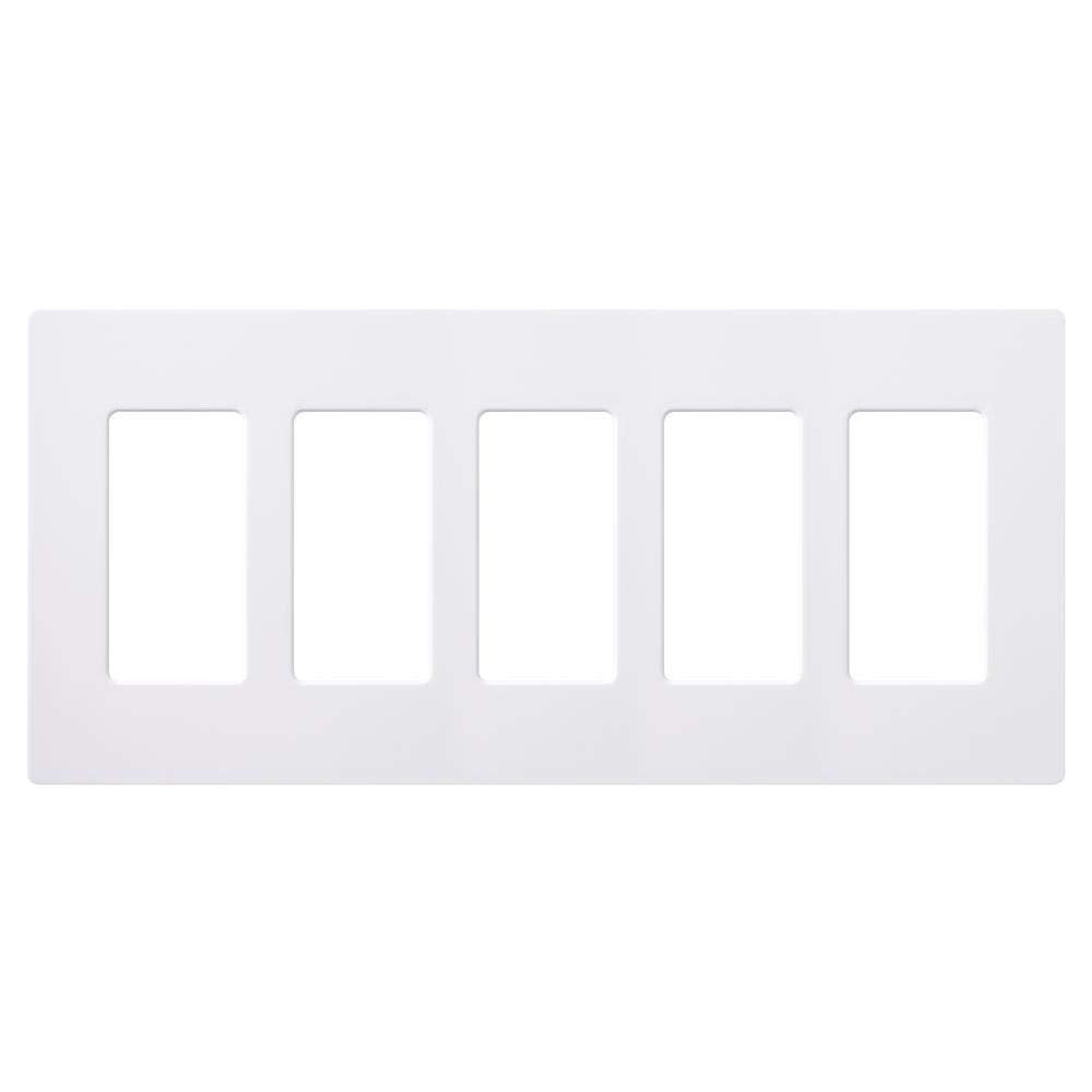 Lutron Claro 5-Gang screwless white cover plate front view for a clean flush fit.