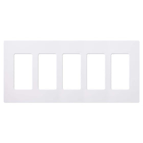 Lutron Claro 5-Gang screwless white cover plate front view for a clean flush fit.