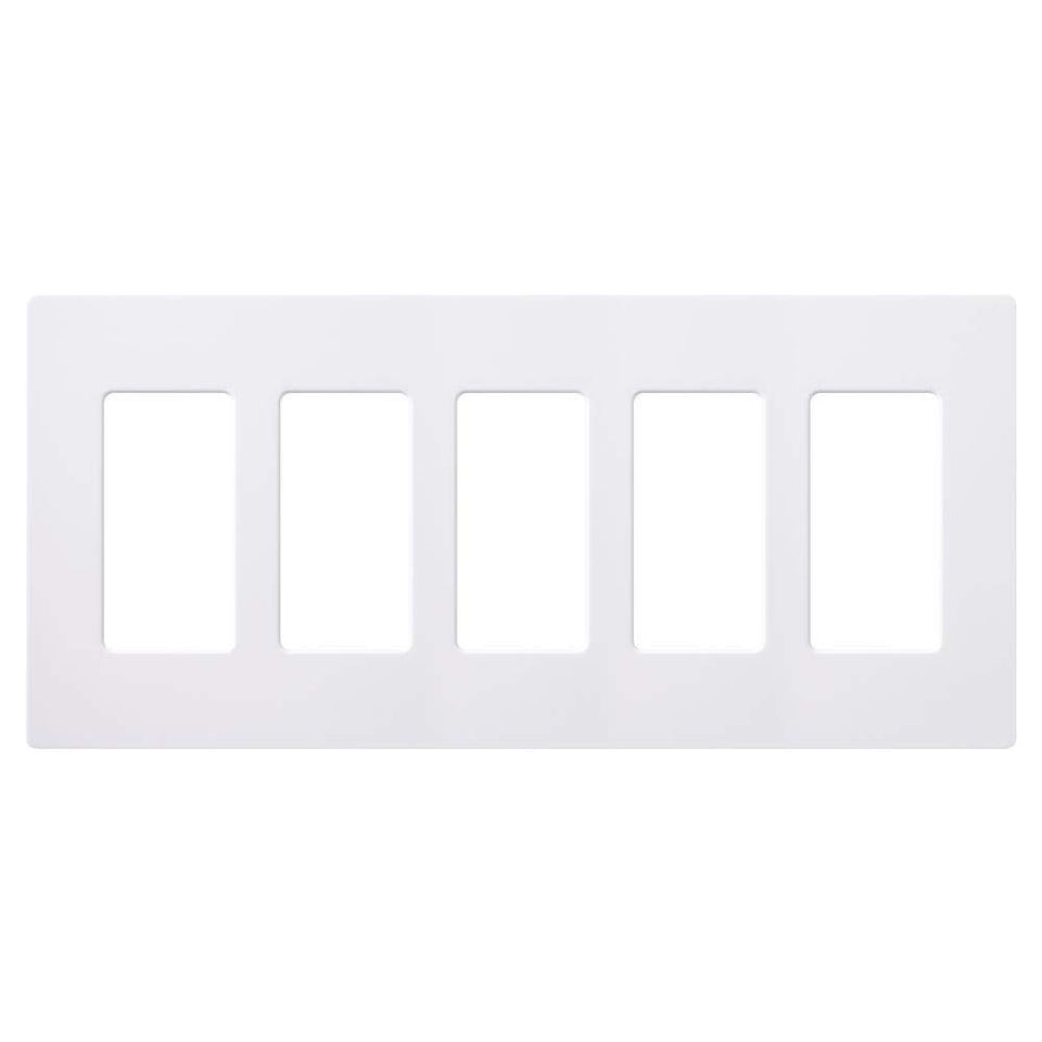 Lutron Claro 5-Gang screwless white cover plate front view for a clean flush fit.