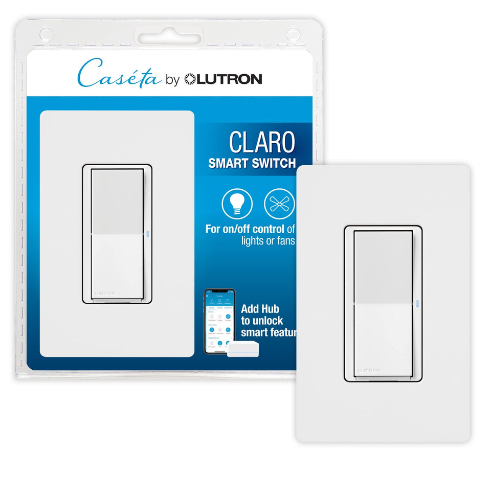 Lutron Claro smart switch on wall with white wallplate for simple room lighting control.