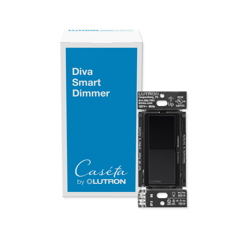 Lutron Diva Dimmer Switch front view highlights its elegant paddle design and LED backlit bar.