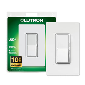 Lutron Diva dimmer switch front view in white for easy on/off control.