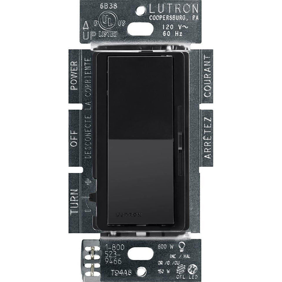 Lutron Diva LED+ black dimmer front view with paddle switch for smooth dimming.