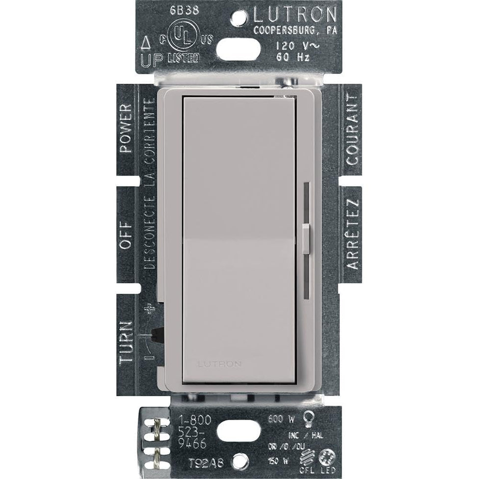 Lutron Diva LED+ dimmer faceplate in gray blends with modern décor and controls lighting.