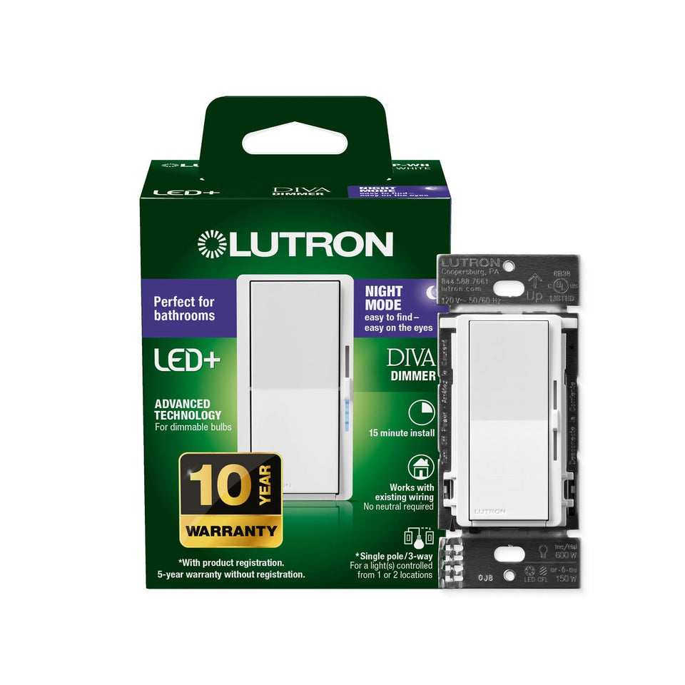 Lutron Diva night mode dimmer in a bathroom with ambient glow for easy nighttime use