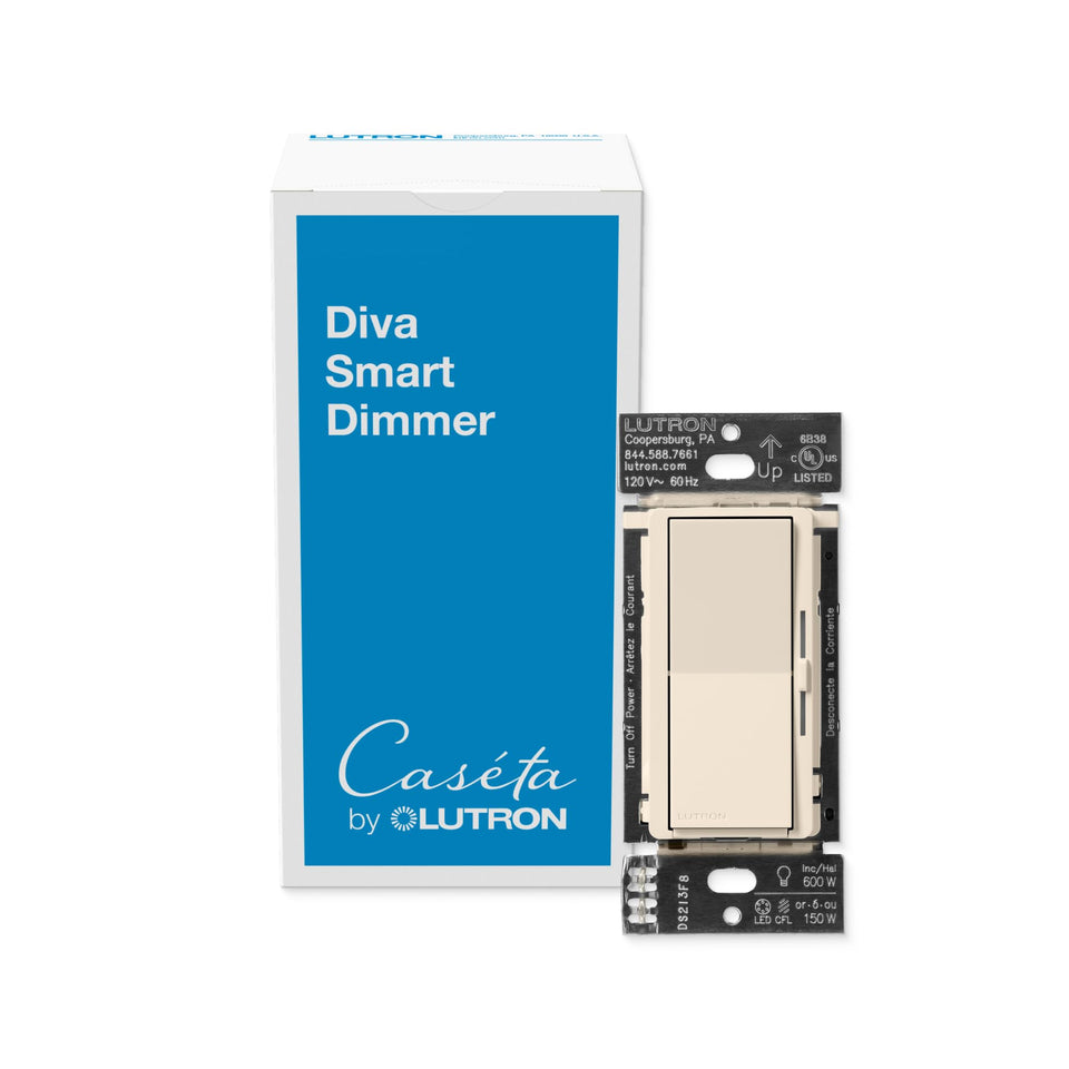 Lutron Diva Smart Dimmer Switch front view with ambient backlit display for Caseta