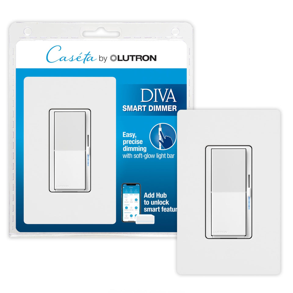 Lutron Diva smart dimmer switch with paddle-design for seamless Caseta lighting control.
