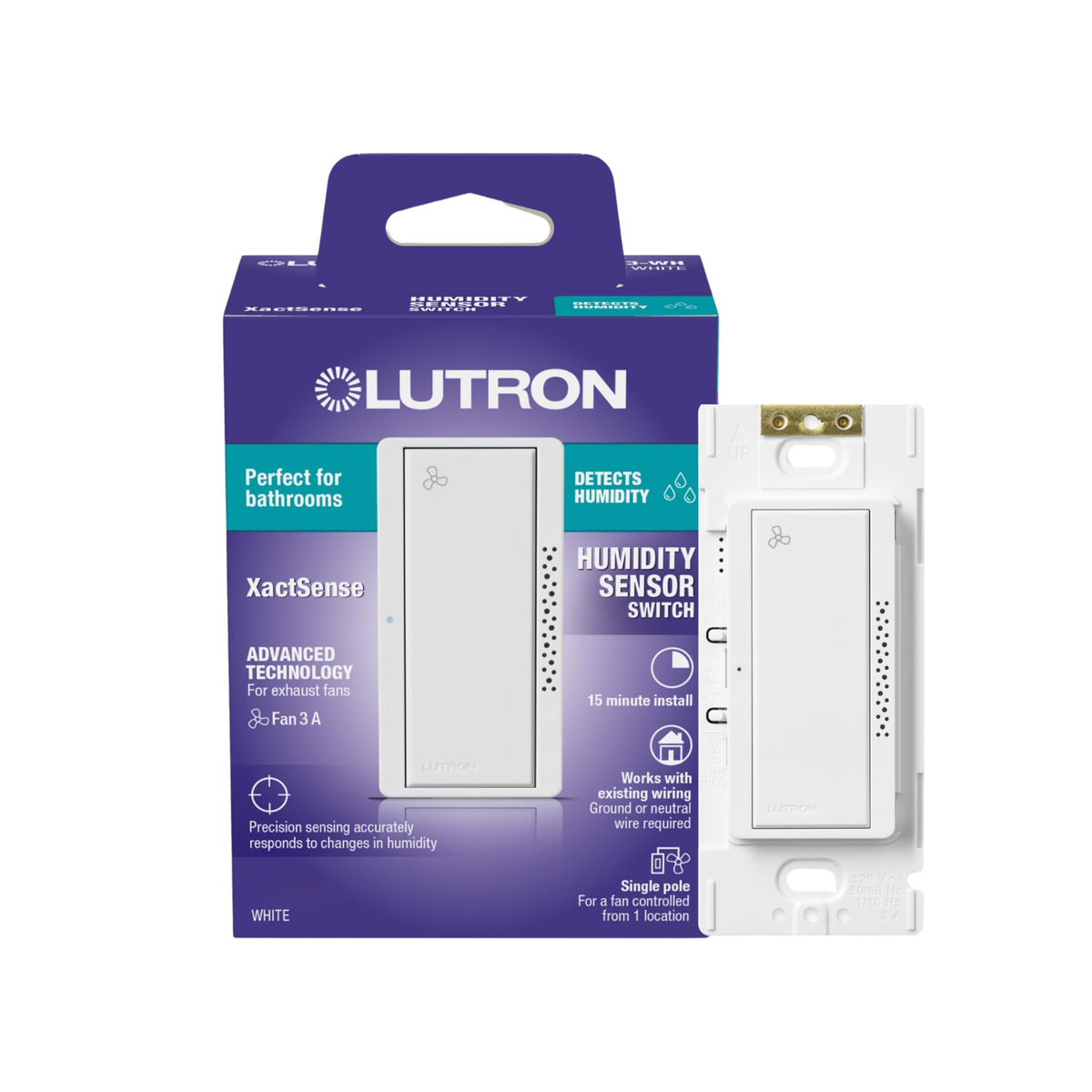 Lutron MS-HS3G-WH front view demonstrates automatic humidity control for bathroom comfort.