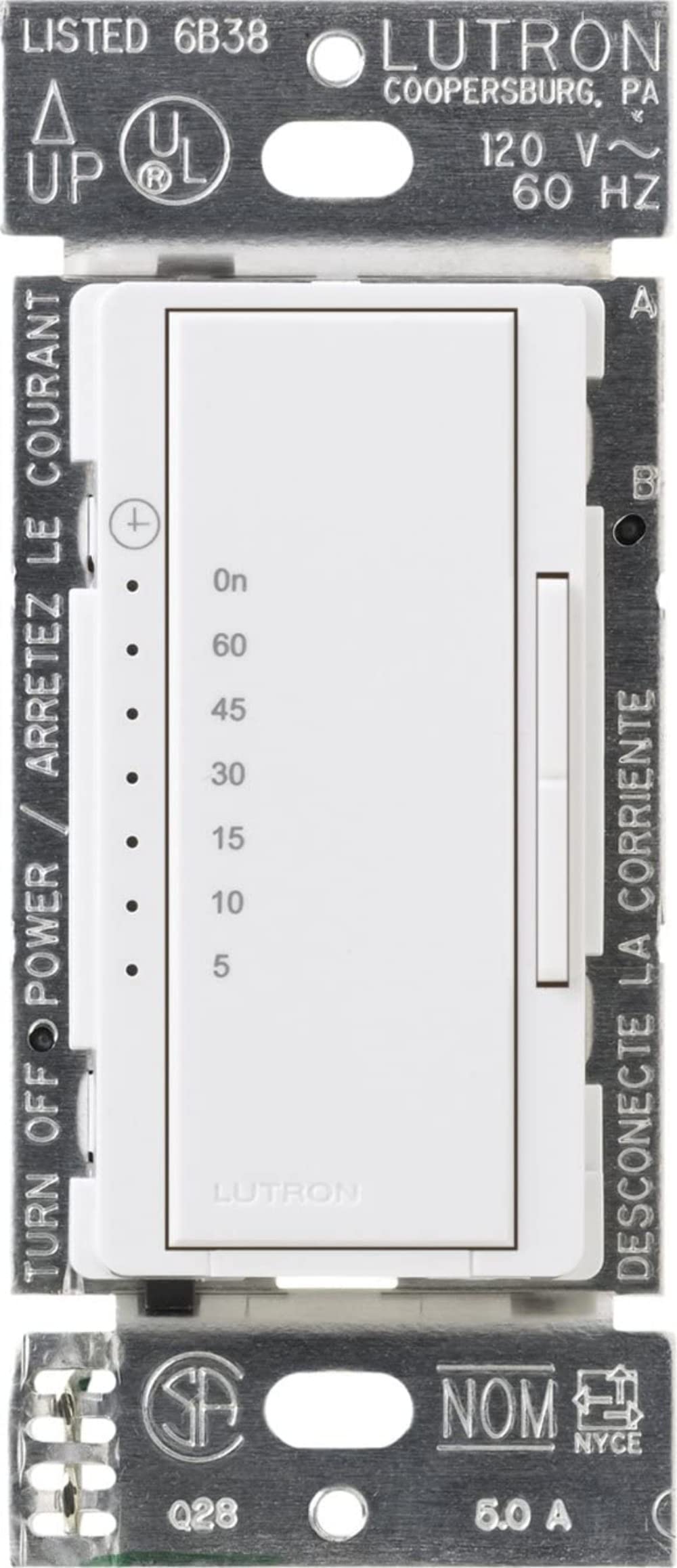 Lutron Maestro countdown timer switch front view white, great for energy-saving lighting control