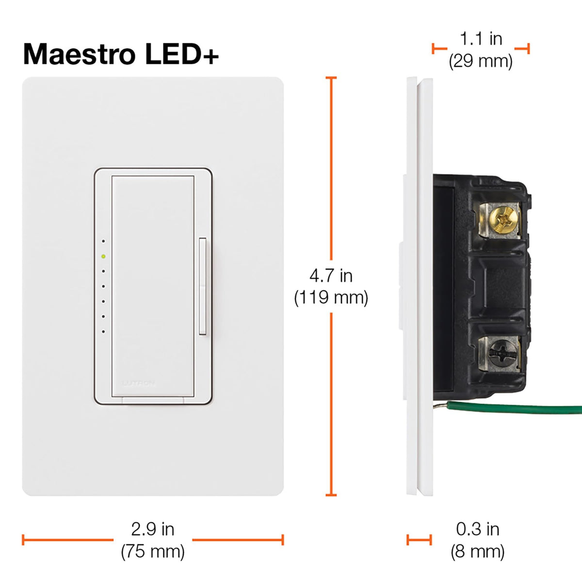 Lutron Maestro LED+ dimmer showing delay-to-off feature for exits.