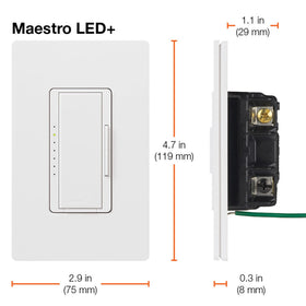 Lutron Maestro LED+ dimmer showing delay-to-off feature for exits.
