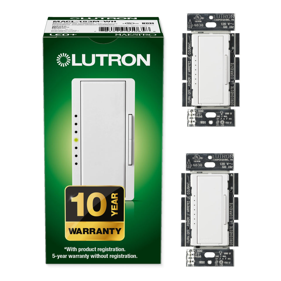 Lutron Maestro LED+ dimmer front view with precise brightness control.