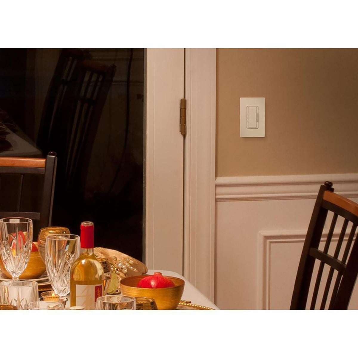 Lutron Maestro LED+ dimmer's LED level display glows as a locator light